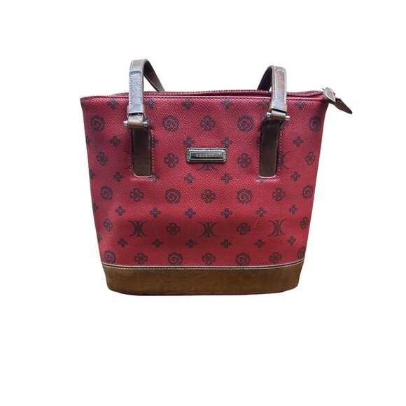 Rosetti Red & Brown Patterned Vinyl Tote With Dual Handles Zipper Closure & Inte - Picture 1 of 7